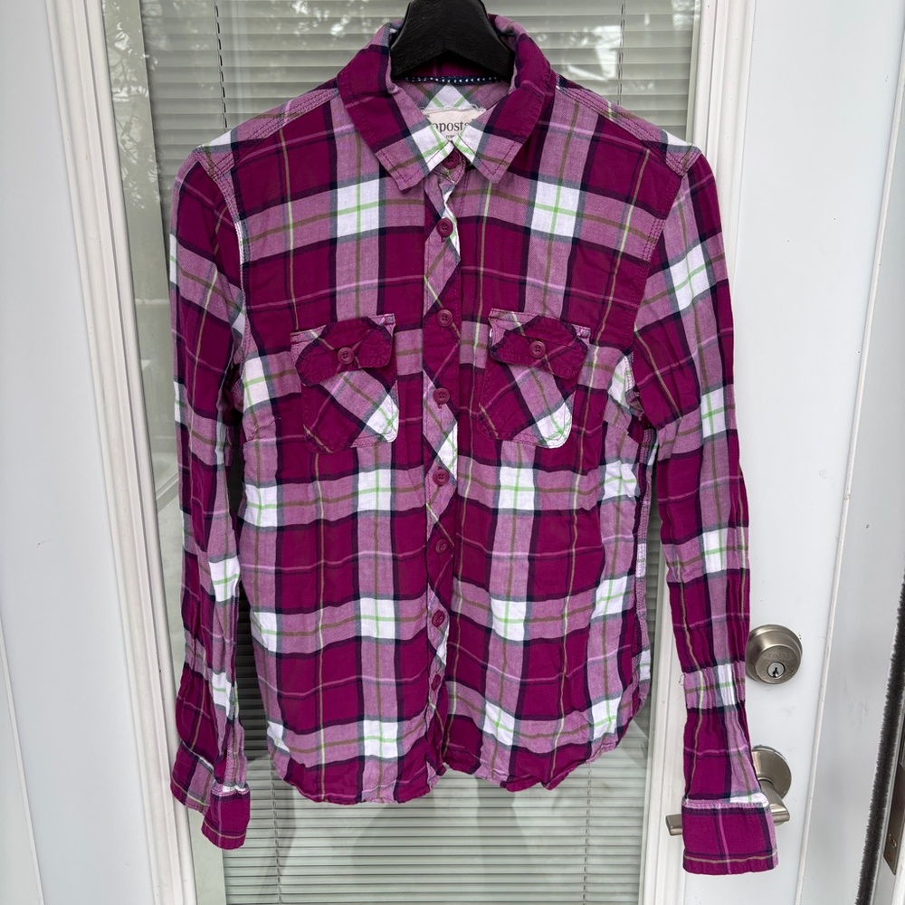 Aeropostale Shirt Womens M Berry & White Plaid 100% Cotton LS Buttoned Shirt Y2K